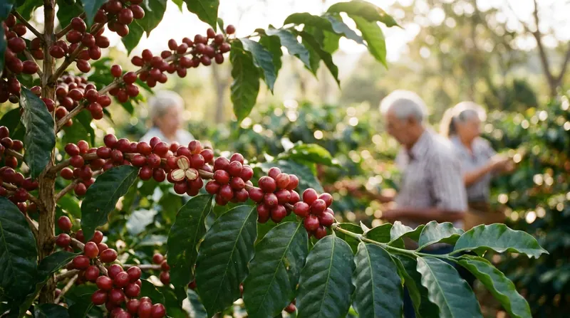 A branch of ripe red coffee cherries with a few split open to show the pale beans