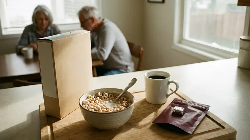A bowl of frosted cereal beside its box, a mug of coffee and a small dark-red pouch with a wrapped chew on a kitchen counter